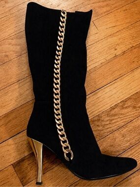 Colin Stuart Black Suede Gold Metal Chain Knee High Heel Boots Sexy Bling Size 9